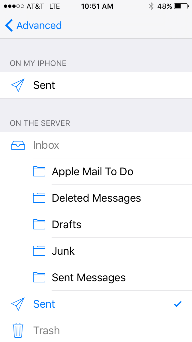 The send settings for an IMAP account on an iPhone running iOS9