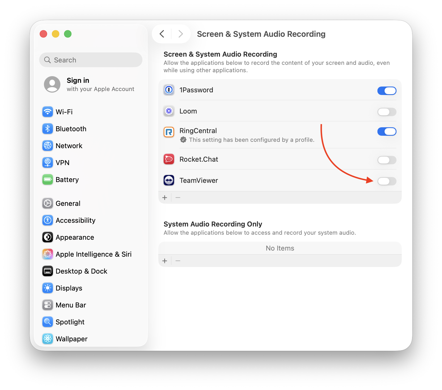 macOS system settings, window showing screen and system audio recording at the top with a list of apps, including TeamViewer. Two apps have blue toggles switched on and three apps, including TeamViewer have gray toggles showing that they are switched off. A red arrow points to the TeamViewer toggle.