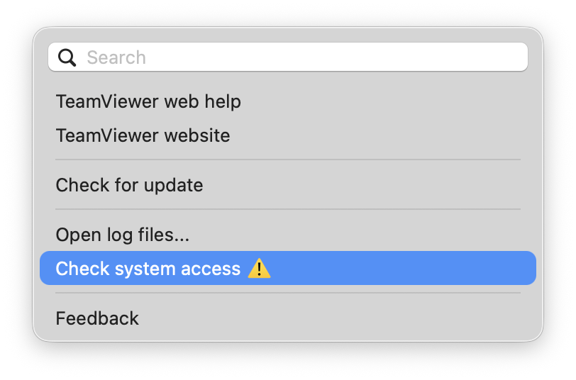 A menu drop down with options like TeamViewer web help and check for update. Check system access has a yellow triangle with an exclamation point next to it and is highlighted.