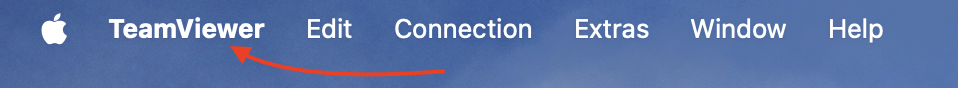 A screenshot of the top left menu bar for the TeamViewer application. On the left is the Apple icon, next is the word TeamViewer with a red arrow, pointing to it, next is edit, next is Connection, next is extras, next windows, and Last is help.
