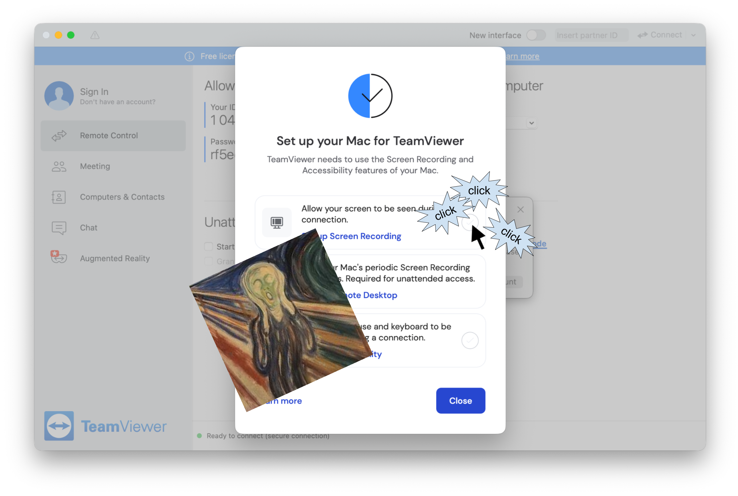 The same screenshot with a mouse icon over the first empty checkbox with callouts saying "click click click" and a picture of "The Scream" painting by Edvard Munch