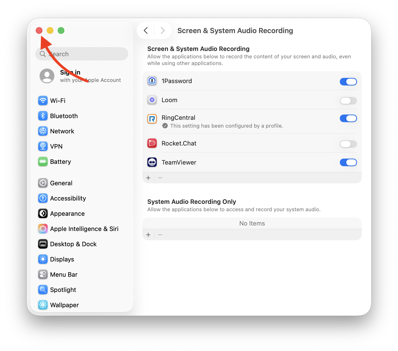 macOS system settings, window showing screen and system audio recording at the top with a list of apps, including TeamViewer. Three apps have blue toggles switched on, including TeamViewer, and two apps, have gray toggles showing that they are switched off. A red arrow points to a red button in the top left corner of the window.